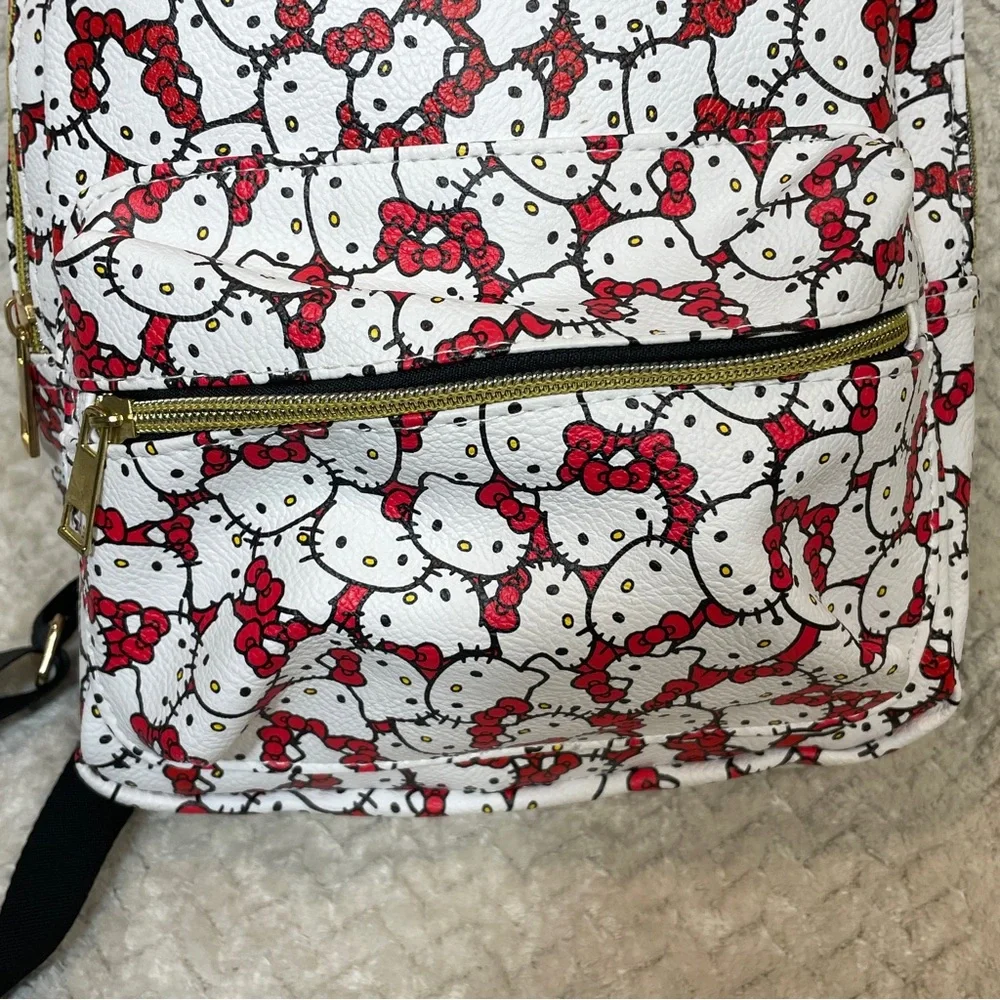 Sanrio Hello Kitty White Leather Mini Backpack Black Pattern‎ Red Bow Kawaii